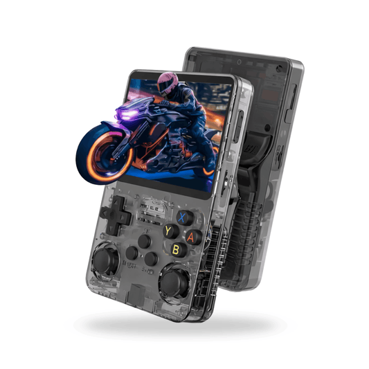 Transparent handheld gaming console with dual joysticks and buttons displaying a motorcycle racing game on the screen.