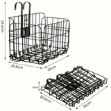 Black Trego bicycle basket shown both open and folded, with dimensions 35x29.5x20.5 cm.