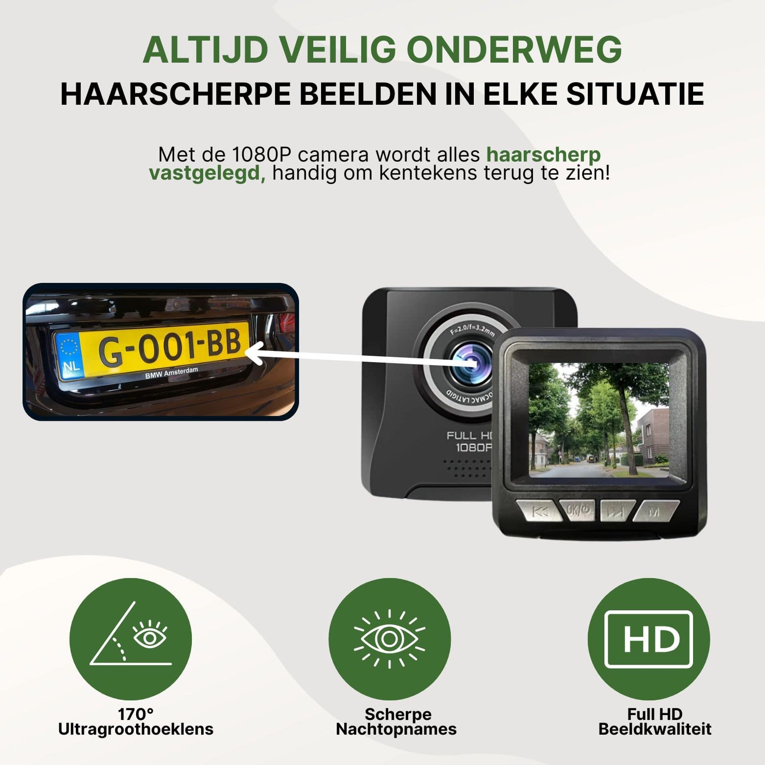 GuardianCam dashcam legt haarscherp kentekens vast met 1080P HD-beeldkwaliteit, 170° groothoeklens en nachtzichtfunctie.