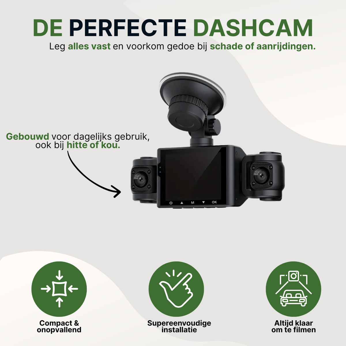 Black VisionEdge dashcam with suction cup, compact design, and suitable for heat and cold.