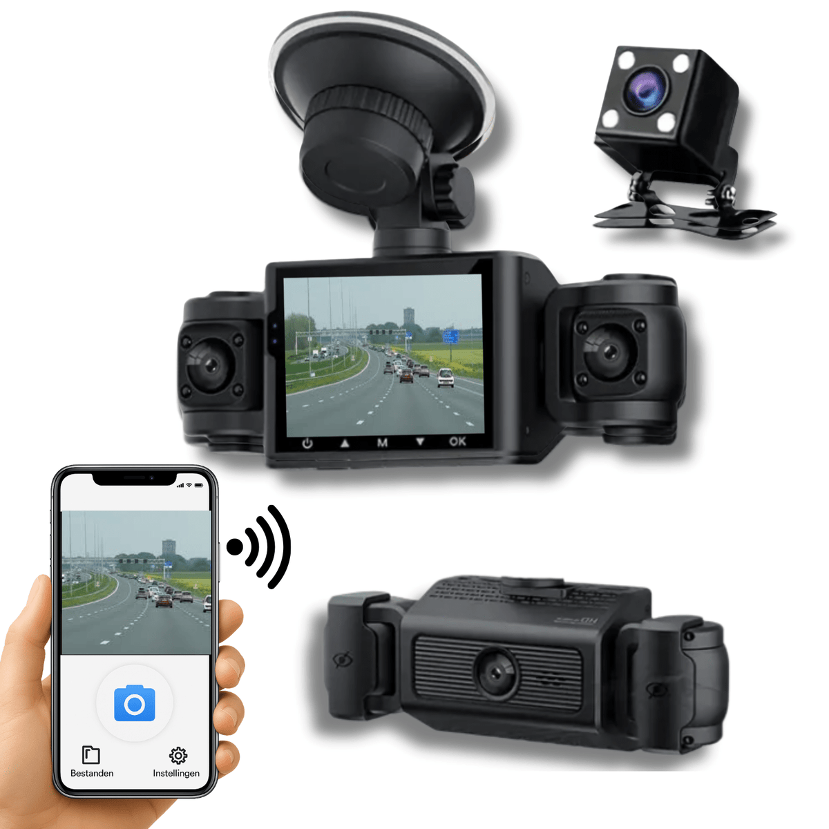 Black VisionEdge dashcam set with rear camera and live connection via app on smartphone.