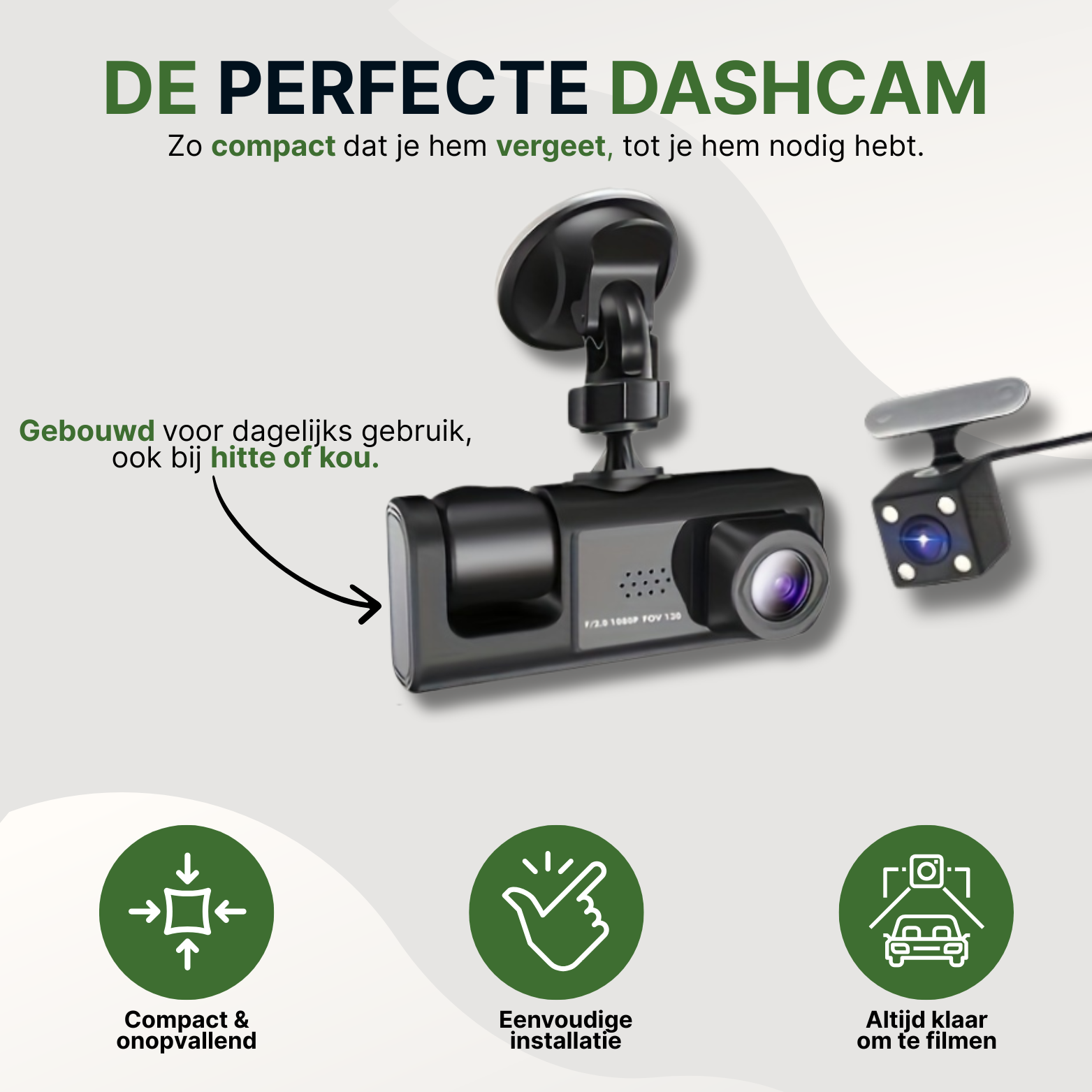 Compacte en onopvallende VisionTrack Pro dashcam voor dagelijks gebruik, bestand tegen hitte en kou, eenvoudig te installeren en altijd klaar om te filmen.