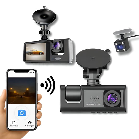 Hoogwaardige VisionTrack Pro dashcam met wifi, geschikt voor opname van voor-, binnen- en achterzijde van de auto in Full HD 1080p, verbonden met smartphone.