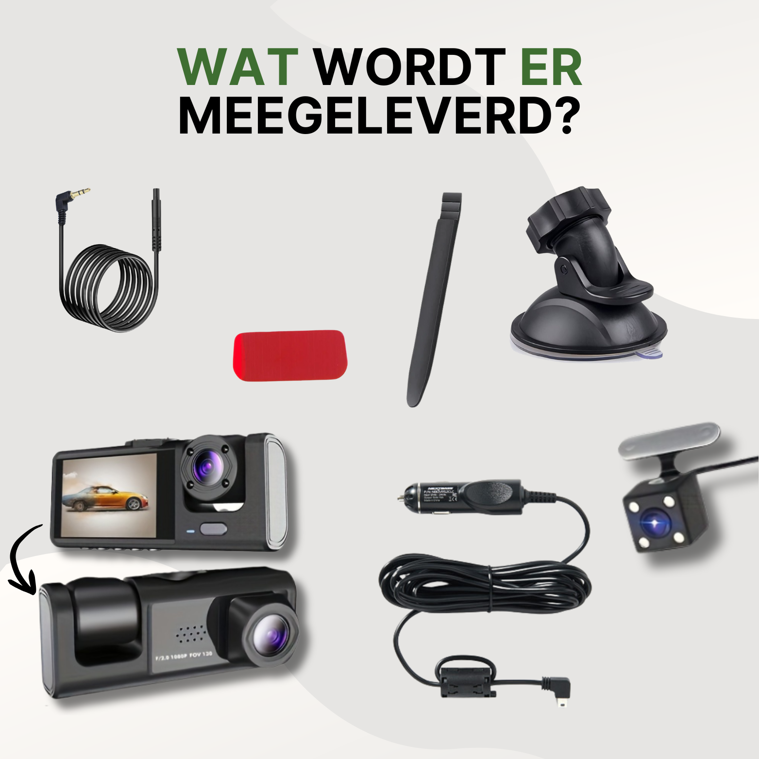 Inhoud van de VisionTrack Pro dashcam bundel met camera, achtercamera, zuignap, autolader, kabels, montagetools en meer handige accessoires.
