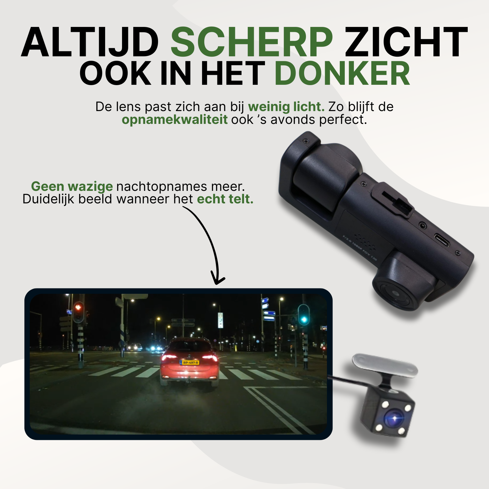 VisionTrack Pro dashcam met uitstekende nachtzichtfunctie die automatisch aanpast aan weinig licht voor haarscherpe opnames, zelfs in het donker.