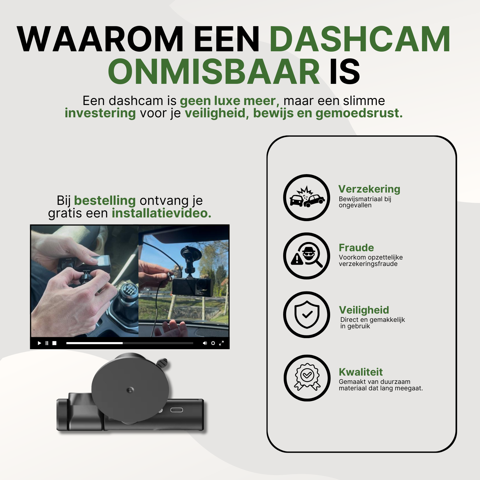 Waarom de VisionTrack Pro dashcam onmisbaar is: biedt bewijs bij ongelukken, voorkomt fraude, verhoogt veiligheid en wordt geleverd met gratis installatievideo.