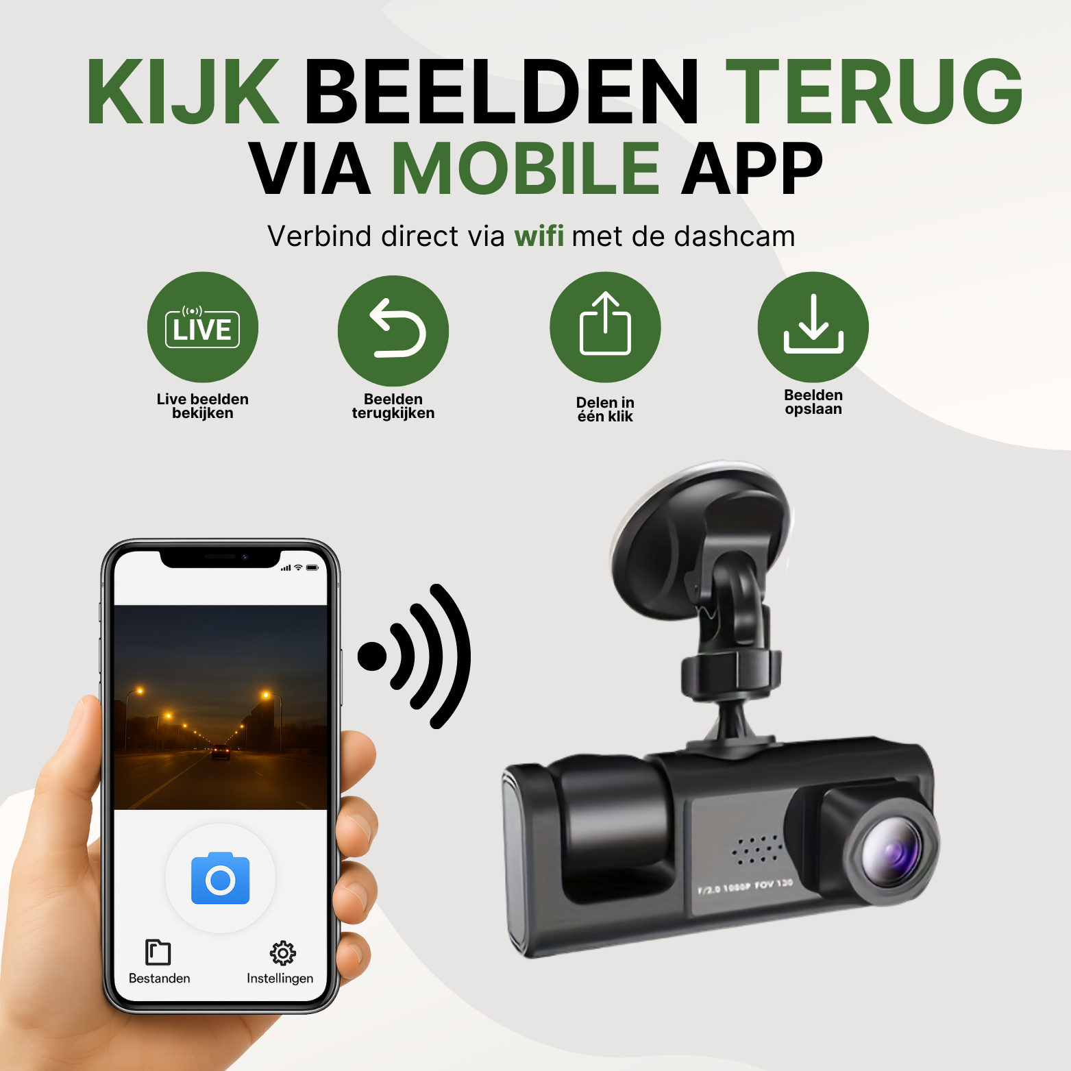 VisionTrack Pro dashcam met wifi-verbinding en mobiele app om live beelden te bekijken, video's terug te kijken en eenvoudig te delen vanaf je smartphone.