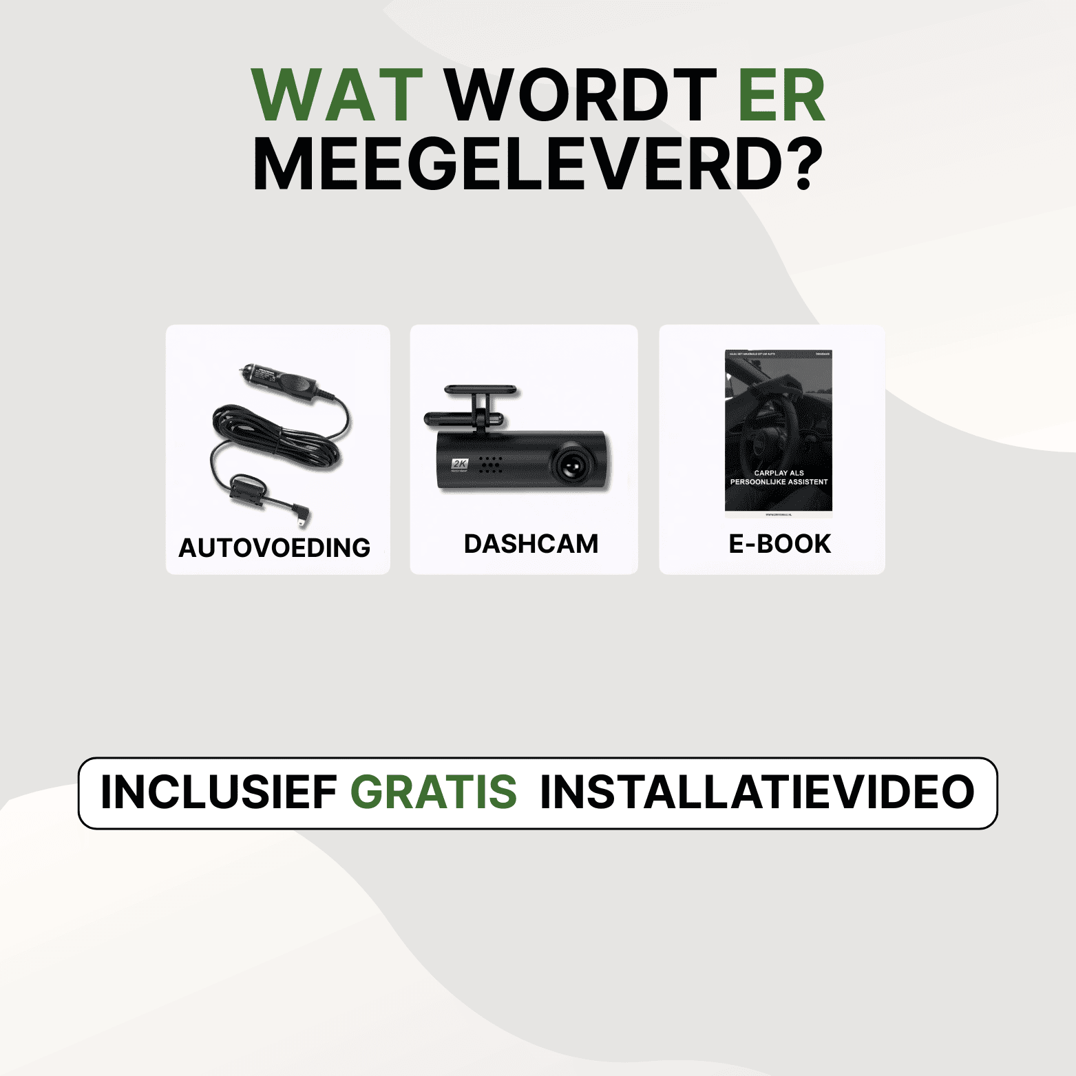 Inhoud van de VoiceGuard Dashcam Pro set met dashcam, autovoeding en e-book op witte achtergrond.