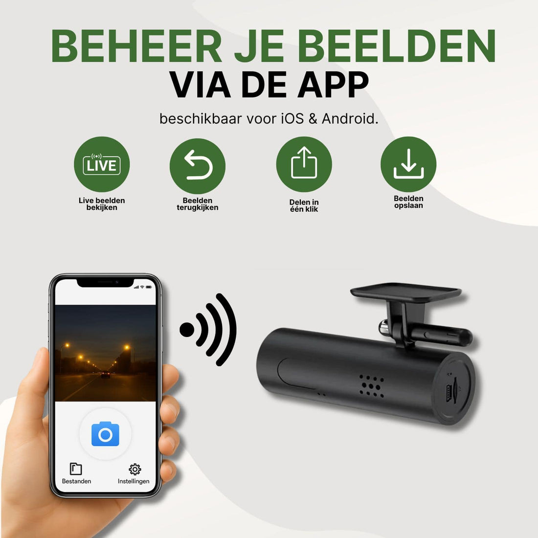 VoiceGuard Pro dashcam connected to mobile app – view live footage, save and share via iOS & Android