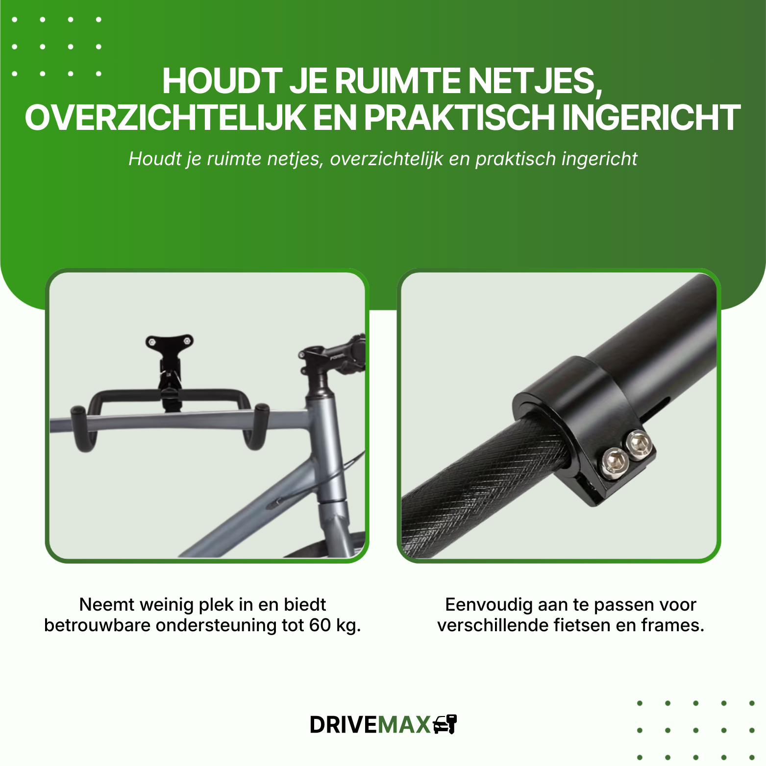 Adjustable black bike wall mount system with soft hooks, suitable for various bikes and frames.